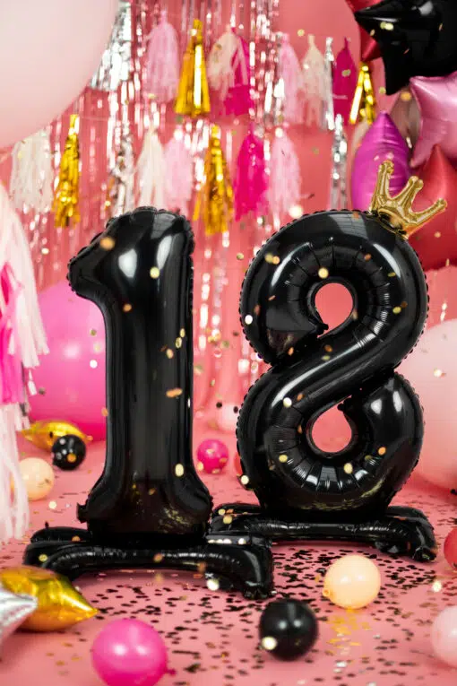 Ballon chiffre a poser 18 an noir et or décoration anniversaire