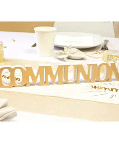 Decoration table communion blanc et or centre de table