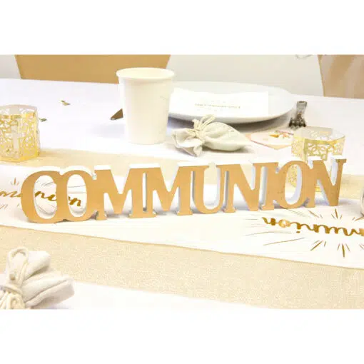 Decoration table communion blanc et or centre de table